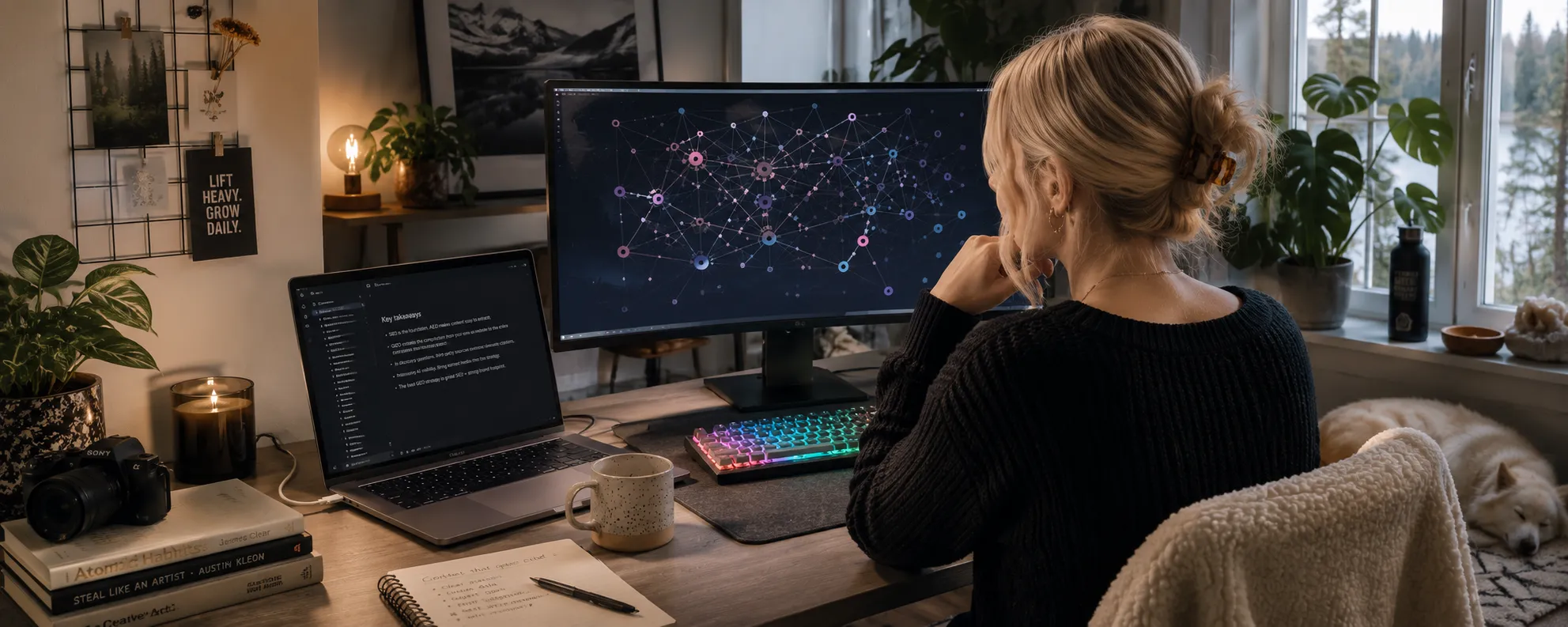 Person studying a network visualization on a monitor at a home office desk