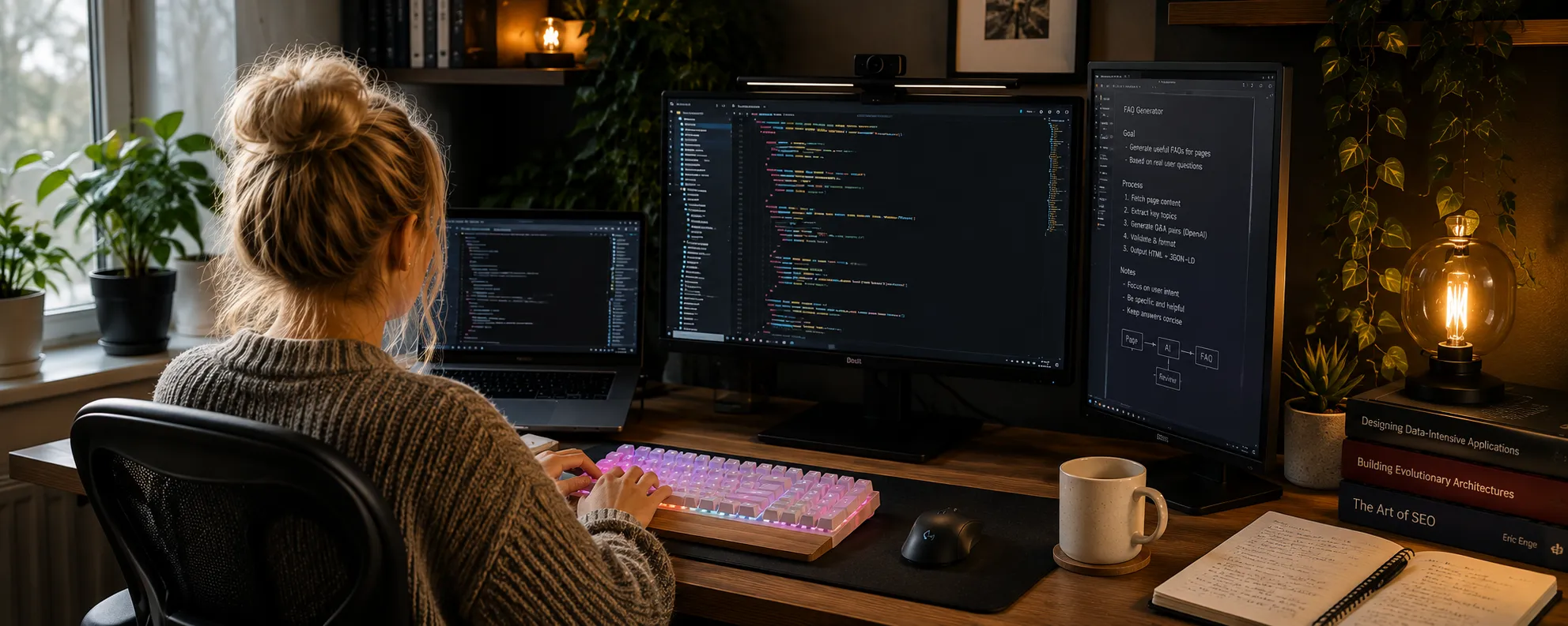 Person working on an FAQ generator and code across multiple screens